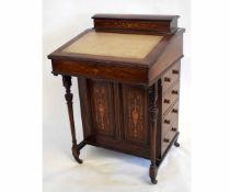 Edwardian rosewood and inlaid Davenport with beige leather insert, the base fitted with two inlaid