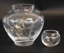 Two glass baluster vases with engraved decoration, one marked "Lennox USA", the largest 19cms high