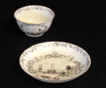 Chinese export tea bowl and saucer decorated en grisaille style with a shipping scene