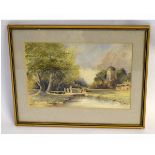 Henry Pilleau, monogrammed and dated 88 watercolour, Country scene with church and river, 18 x 28cms