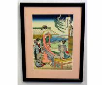 After various Japanese artists, group of four coloured prints, "Playing at a flute"; "Beauties"; "
