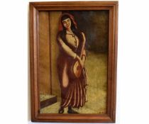 Indistinctly signed oil on canvas, Portrait of a lady holding musical instrument, 58 x 38cms