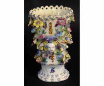 Bow porcelain frill vase with applied floral sprays and typical decoration (a/f), 14cms high
