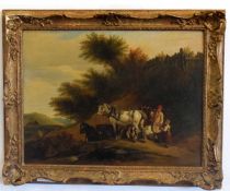19th century English School, oil on canvas, Farmworkers and Horses in a landscape, 32 x 42cms
