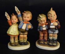 Two Hummel groups of children, one group waving goodbye with their caps, model number 153-0, the