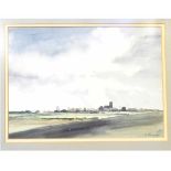 B E Bowen, signed watercolour, Norfolk landscape with village in distance, 25 x 34cms