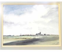 B E Bowen, signed watercolour, Norfolk landscape with village in distance, 25 x 34cms