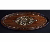 Early 20th century rosewood oval tray with ivory floral inlay to centre and border (a/f), 52cms long