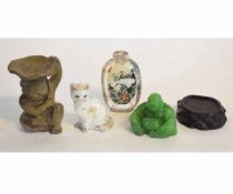 Pottery stoneware figure and a green jade type figure of a Buddha and a figure of a cat, largest