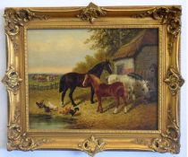 Circle of John Frederick Herring, bears signature, oil on canvas, Farmstead with horses, chickens