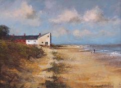 Maurice W Crawshaw, RMS, acrylic on board, signed lower right, Norfolk beach scene with figures