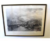 After J M W Turner, RA, engraved by R Wallis, black and white engraving dated 1851, "Hastings", 40 x