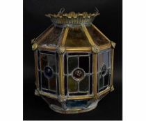 Brass hexagonal formed hanging lantern with stained glass panels, 29cms diam x 33cms tall
