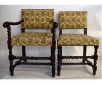 Set of twelve early 20th century oak framed dining chairs with barley twist supports and floral