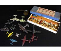 Boxed Gilco traffic sign set together with a quantity of varying sized play worn lead aeroplanes (