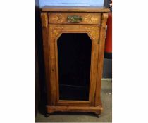 19th century walnut and marquetry inlaid pot cupboard with single drawer over a glazed panelled
