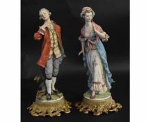 Pair of Capo di Monte classical figures of a lady and gent on gilt metal socles (a/f), each approx