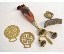 Box containing mixed horse brasses, decoration with three mounted bells (4)