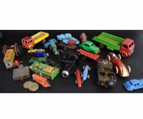 Large box containing mixed die-cast toy vehicles to include a clockwork red and green truck, a