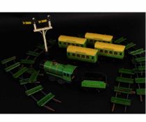 Boxed Chad Valley '0' gauge tin plate clockwork train set and carriages