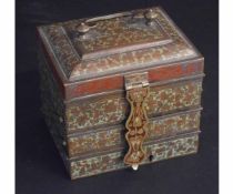 Eastern brass and enamelled concertina jewel casket with four compartments, with shaped brass top