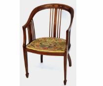 Edwardian mahogany and satinwood inlaid horseshoe back chair with embroidered seat raised on