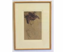 After Paul Caesar Helleu, black and white print, Portrait of a lady, 30 x 18cms