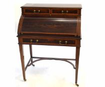 Edwardian mahogany cylinder bureau fitted with two drawers with drop front and single full width