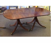 Georgian mahogany style twin pedestal D-end dining table, each with a quatrefoil reeded base and