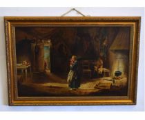 DM, monogrammed and dated 1871, oil on canvas, Kitchen interior with mother and children, 40 x 61cms