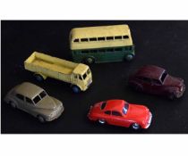 Five play worn Dinky models to include green and cream double decker bus, a small cream truck, a