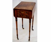 19th century walnut drop leaf work table fitted with two drawers with turned handles raised on