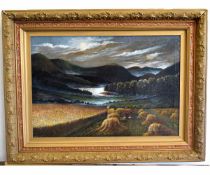 J F S, initialled and dated 13, oil on canvas, River landscape with harvest field, 50 x 75cms