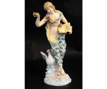 Late 19th century Continental figure of a lady holding a shell with a swan to foot, riding a dolphin