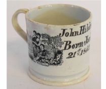 19th century lustre mug with printed decoration and a verse inscribed John Hildrich, born Jan 21