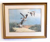 After John Cyril Harrison, coloured print, Ducks alighting over a coast, 42 x 59cms