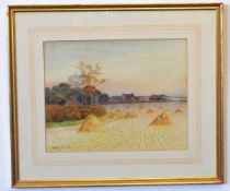 George Oyston, signed pair of watercolours, In the harvest fields at sunset, 22 x 28cms (2)