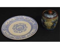 Blue and white plate together with a Royal Doulton tobacco jar commemorating the centenary of the