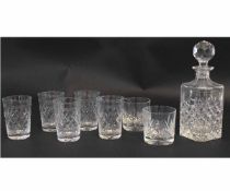 Cut glass decanter and stopper together with five glass beakers and two further glasses, all with