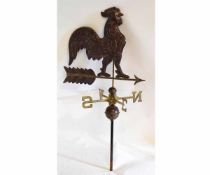 Vintage weather vane of pressed tin formed as a cockerel, with a brass NSEW indicator on an iron