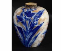 Doulton Burslem globular vase decorated with blue and white irises, with a gold and cream ground,