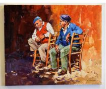 Michael J Sanders, signed oil on canvas, Two seated Frenchmen, 50 x 61cms, unframed