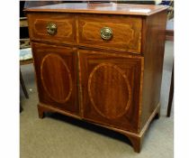 19th century mahogany side cabinet with satinwood inlay, fitted with single drawer with swan neck