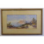 F Catano, signed watercolour, Continental Lakeland scene with figures and castle, 24 x 49cms