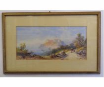 F Catano, signed watercolour, Continental Lakeland scene with figures and castle, 24 x 49cms