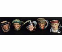 Five Royal Doulton character jugs to include Long John Silver, The Poacher, The Blacksmith, Auld Mac