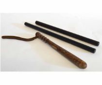 Vintage turned truncheon and two ebony rolling rules, (3)