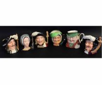 Five Royal Doulton character jugs to include Porthos, Athos, Aramis, Sary Gamp, Anne Boleyn,