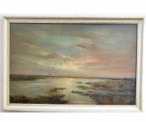 Jack Cox, signed oil on board, Gulls in flight over an estuary, 44 x 70cms