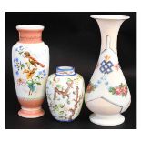 Group of three 19th century glass vases with enamel painted decoration, tallest 33cms